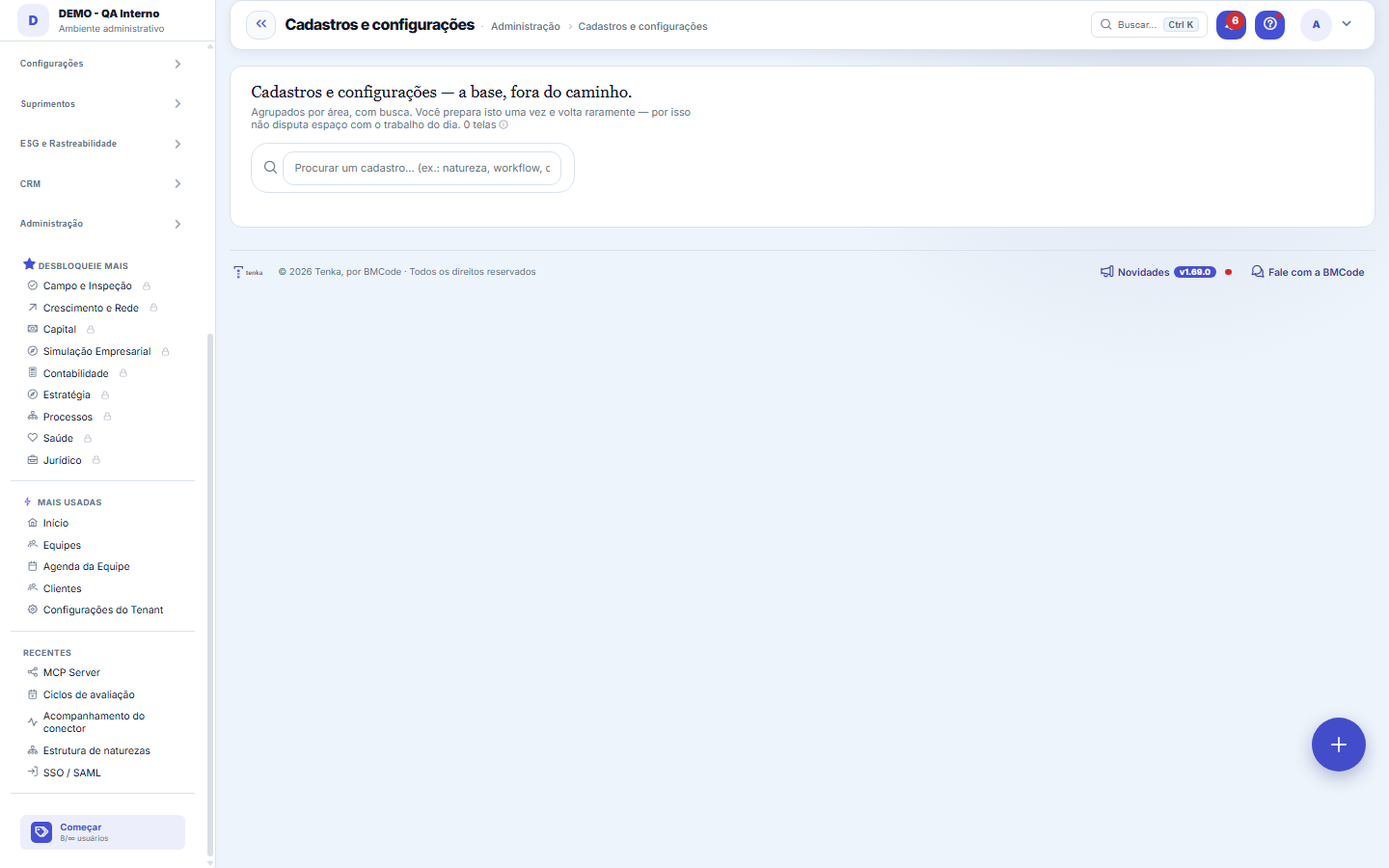 Cadastros e configurações