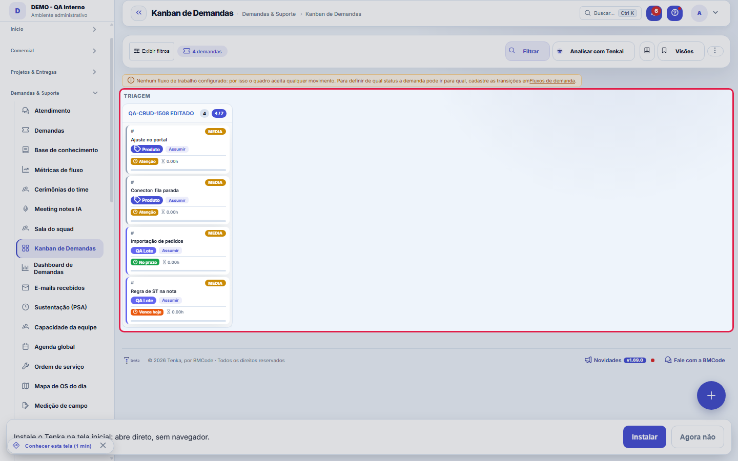 O quadro kanban de demandas, com uma coluna por status