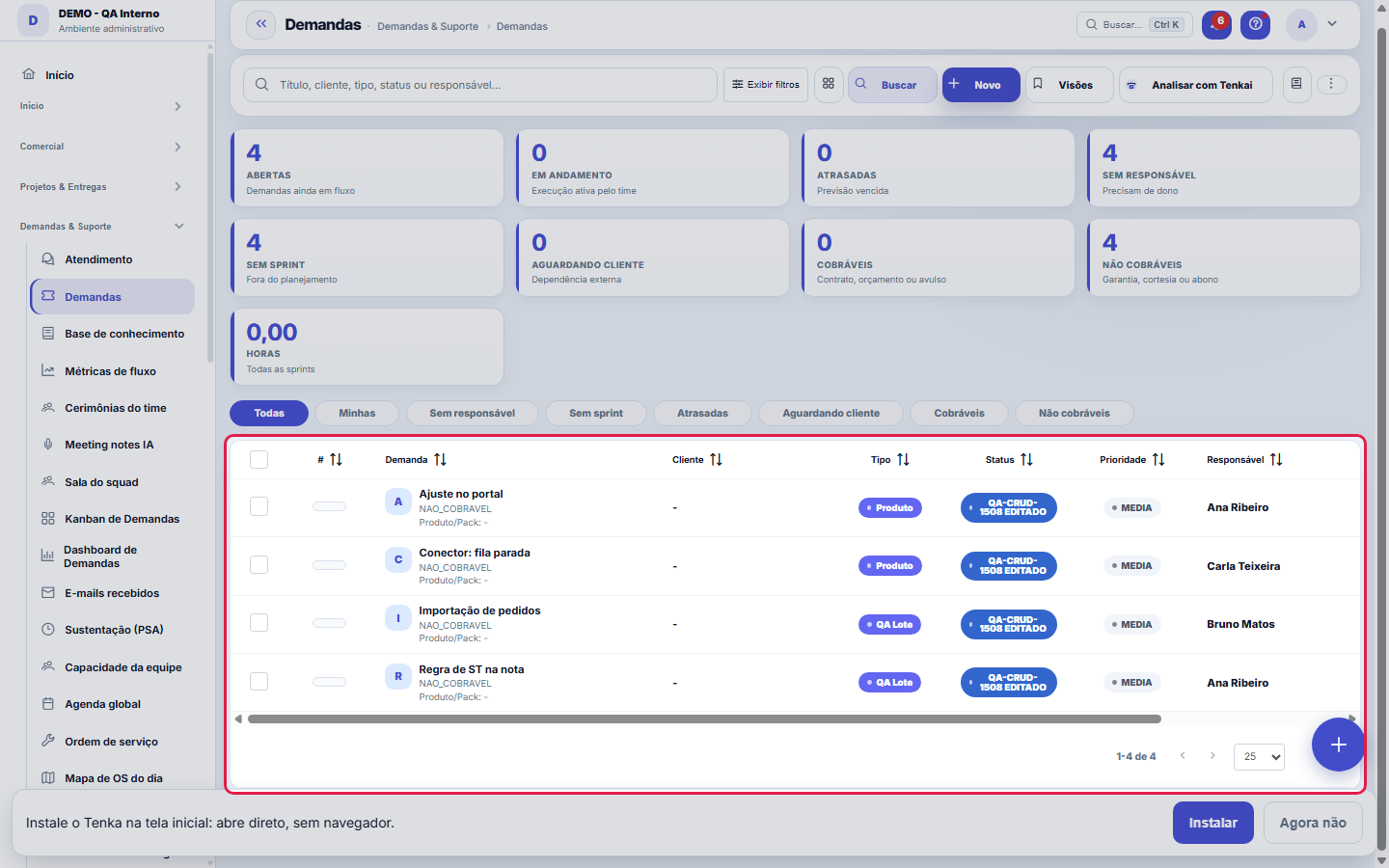 El cockpit de tickets: tarjetas de conteo arriba y la lista en el estándar de la plataforma — filtros por columna, vistas guardadas y exportación